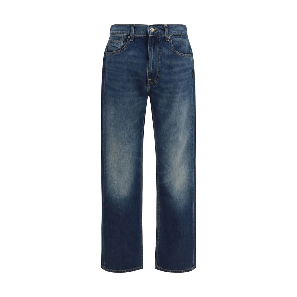 Jeans by 7FOR for men in stretch denim cotton blue features a refined silhouette with a refined straight-leg & regular-fit, defined by a and a refined long for a refined finish.