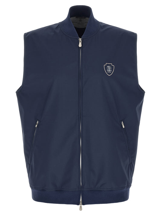 Vest by Brunello Cucinelli for men in nylon polyester polyurethane blue features a chic silhouette, expertly detailed with a refined high-neck neckline and premium breathable-design & pockets for a truly chic look.