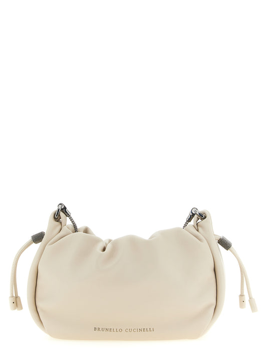 Mini Crossbody Bucket Handbag by Brunello Cucinelli for women in lamb leather gold, white & signature features a transformative elegance silhouette, showcasing a secure drawstring, organized , and versatile crossbody-strap & shoulder-strap for a transformative elegance look.
