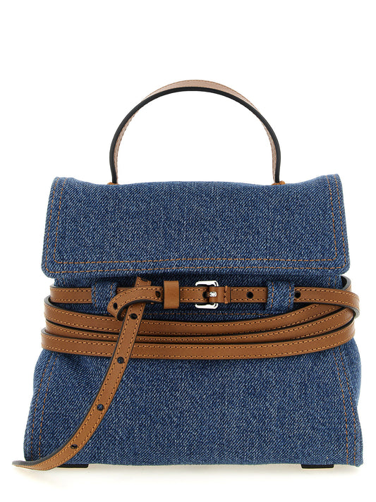 Small Handbag by Moschino for women in calf leather & cotton blue & brown features a signature silhouette, showcasing a secure and signature with versatile shoulder-strap, handle & adjustable-strap for a sophisticated look.