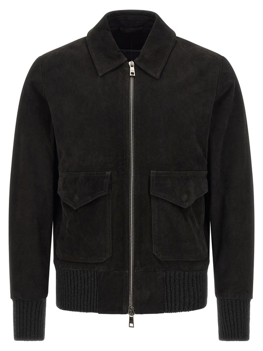 Jacket by GIORGIO BRATO for men in suede lamb leather black & silver features an utilitarian silhouette with a refined shirt-collar neckline, showcasing sophisticated pockets for an utilitarian aesthetic.