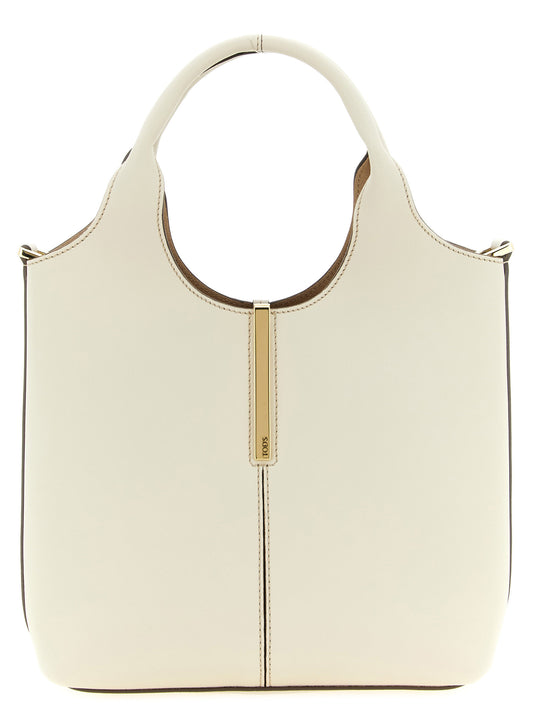 Mni Tote Bag by Tod's for women in suede calfskin leather cream, gold & white features an utilitarian-chic silhouette, showcasing the Suede Calfskin Leather Mni Tote Bag design with a secure hook, ample , and versatile shoulder-strap, handle & adjustable-strap.