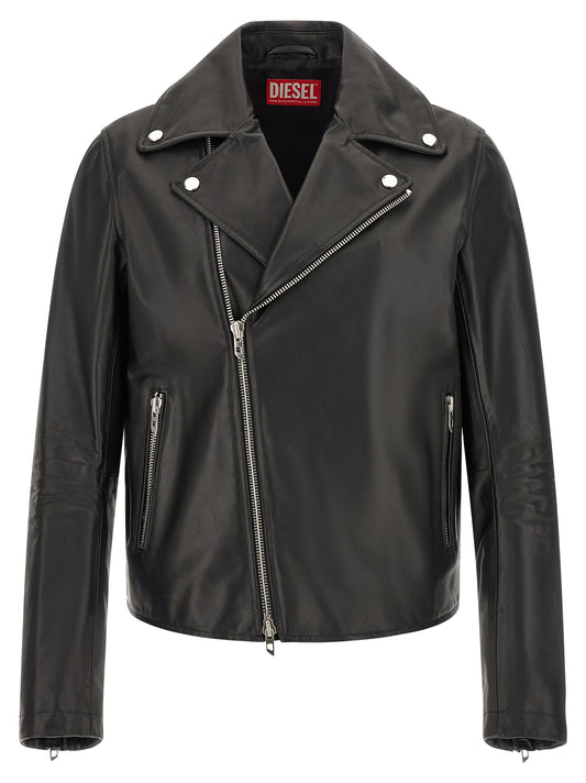 Jacket by Diesel for men in cowhide leather black & silver showcases a contemporary silhouette, detailed with a contemporary and premium pockets for a sophisticated finish.