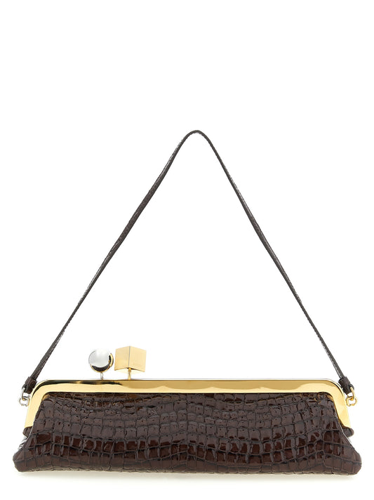 Evening Frame Clutch Handbag by Jacquemus for women in faux crocodile skin leather brown, gold & silver features a statuesque silhouette, showcasing a secure and organized with versatile handle for statuesque evening wear.