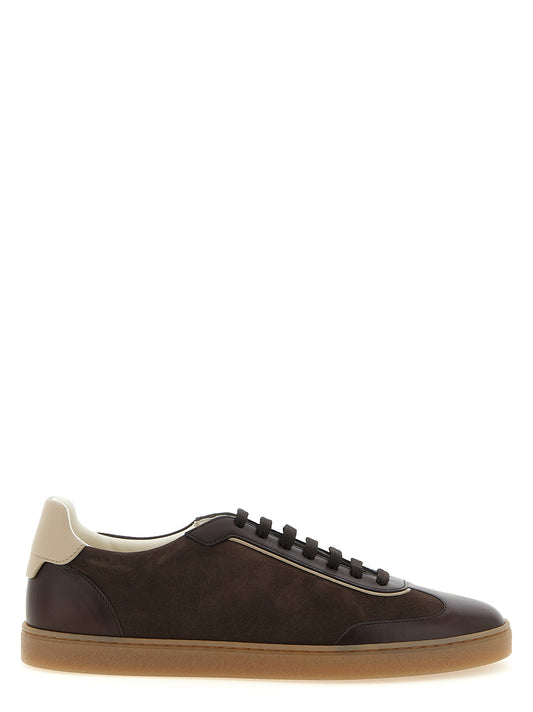 Sneakers by Brunello Cucinelli for men in bos taurus suede calfskin leather brown & natural features an timeless silhouette from the Men's Low Top Bos Taurus Suede Calfskin Leather Sneakers collection, showcasing a signature low-top style with an timeless finish.