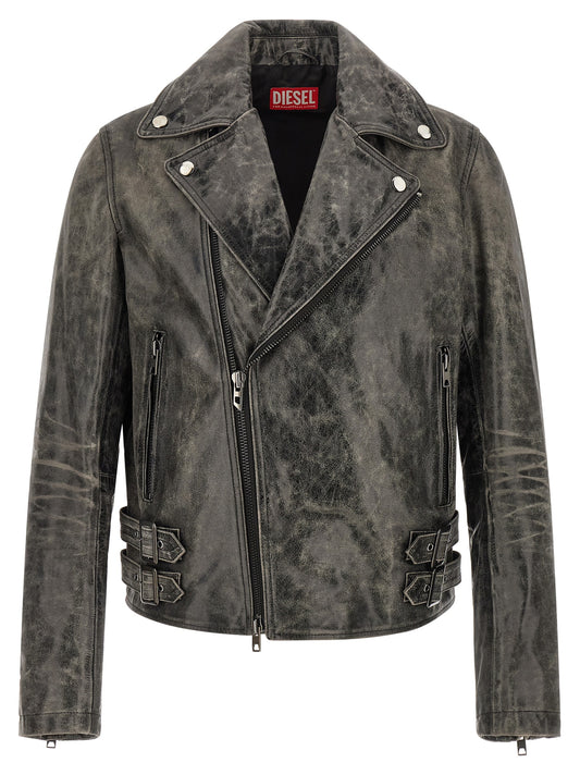This Jacket by Diesel for men in bos taurus cowhide leather gray showcases a magnificent silhouette, meticulously crafted with a distinctive and functional for a magnificent finish.