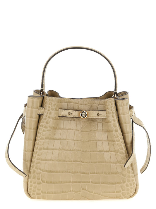 Small Bucket Shoulder Bag by Tory Burch for women in croc skin bos taurus suede calf leather beige, gold & print presents a versatile silhouette, showcasing a secure magnetic and versatile with versatile shoulder-strap, handle & adjustable-strap for a sophisticated look.