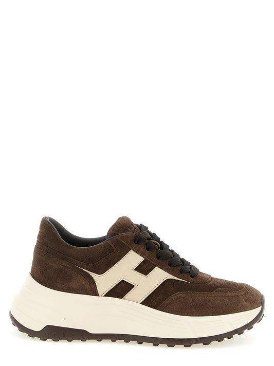 Athletic Sneakers by Hogan for women in nubuck bos taurus calfskin suede leather brown & cream features an exquisite silhouette, showcasing the premium athletic style of the Women's Athletic Nubuck Bos Taurus Calfskin Suede Leather Sneakers with an exquisite finish.