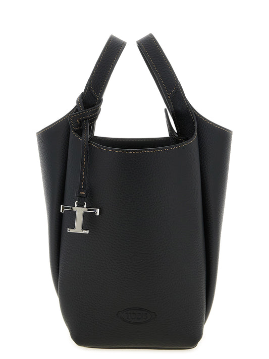 Mini Bucket Handbag by Tod's for women in calfskin leather black, silver & signature features a refined silhouette, showcasing a secure , organized , and versatile adjustable-strap, detachable-strap & handle for a refined finish.
