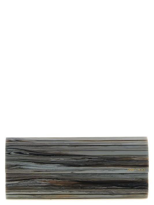 Evening Flap Clutch Handbag by Jimmy Choo for women in lambskin leather & marble gray & gold features a architectural silhouette, showcasing a secure flap & magnetic, ample , and versatile for a architectural finish.