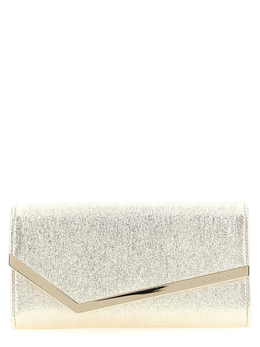 Shoulder Evening Envelope Clutch Handbag by Jimmy Choo for women in leather & brass gold features a statuesque silhouette, showcasing a secure magnetic and organized with versatile shoulder-strap & detachable-strap for statuesque evening wear.