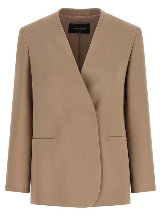 Blazer by Fabiana Filippi for women in linen twill viscose & acetate beige & camel showcases a discerning silhouette, elegantly detailed with a sophisticated v-neck split lapel neckline and premium for a truly discerning finish.