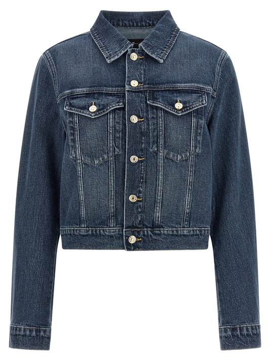 This Trucker Jacket by 7 For All Mankind for women in stretch denim cotton dark-blue exhibits a edgy silhouette, meticulously detailed with functional pockets and a edgy shirt-collar neckline for a edgy finish.