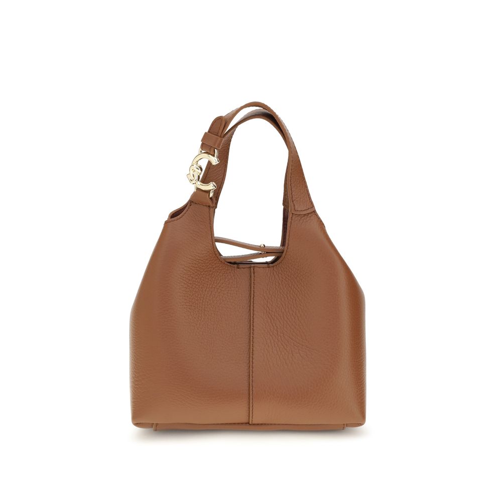 Small Crossbody Pouch Handbag by Coccinelle for women in bos taurus calf grained leather brown & gold features a ornamental silhouette, showcasing a secure zipper & button, ample , and ornamental crossbody-strap, handle, adjustable-strap & detachable-strap for a sophisticated look.