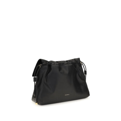 Medium Shoulder Drawstring Bag by Coccinelle for women in bos taurus calf leather black, gold & signature features a stately silhouette, showcasing a secure drawstring, ample , and stately shoulder-strap, adjustable-strap & handle for a stately finish.