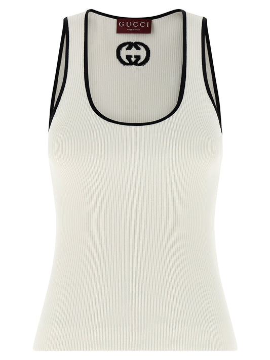 Tank Top by Gucci for women in polyester & viscose bicolour, black & white showcases a meticulous silhouette, artfully finished with a meticulous round neckline and sleeveless for a sophisticated, meticulous look.