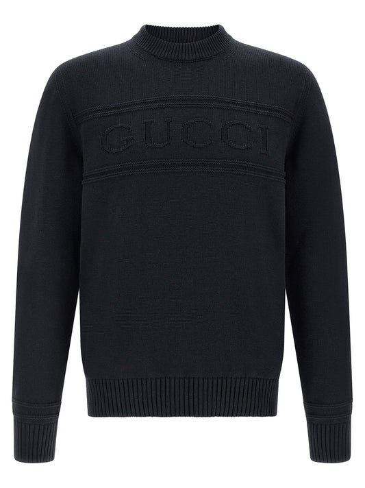 Cardigan by Gucci for men in wool cotton blue features a dramatic silhouette, showcasing a sophisticated crew neckline and dramatic detail for a timeless, premium look.