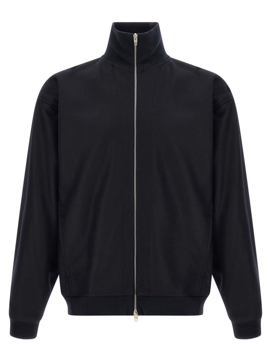 Overcoat by Jil Sander for men in wool blue & silver presents a luxurious silhouette, showcasing a luxurious and sophisticated for a premium, luxurious look.