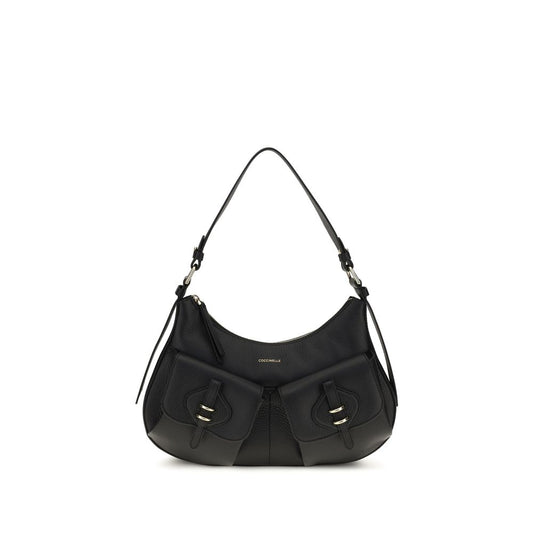 Small Shoulder Bag by Coccinelle for women in bos taurus calf leather black & gold showcases a statuesque silhouette, artfully detailed with a secure zipper & magnetic, organized built-in-compartments, and versatile shoulder-strap, adjustable-strap & handle for a statuesque look.
