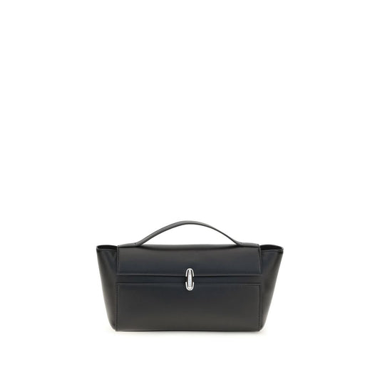Trapeze Clutch Handbag by Savette for women in bos taurus calf leather black showcases a sculptural silhouette, featuring a secure , ample internal-pockets, and versatile handle for a sculptural aesthetic.