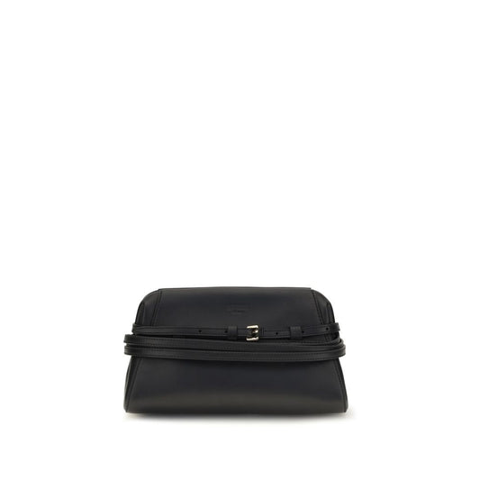 Evening Clutch Handbag by Moschino for women in goat & lamb leather black & gold features an sculptural silhouette, showcasing a secure magnetic and sculptural with versatile belt-strap for a sophisticated look.