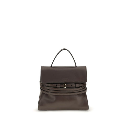 Compact Handbag by Moschino for women in goat & lamb leather brown & signature features a ornamental silhouette, showcasing a secure , ample , and ornamental belt-strap for a sophisticated look.
