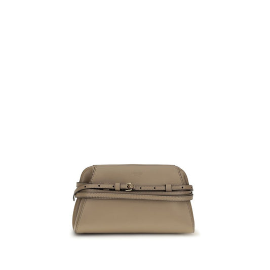 Evening Clutch Handbag by Moschino for women in goat & lamb leather beige & gold features a architectural silhouette, showcasing a secure magnetic, ample , and versatile belt-strap for a architectural finish.