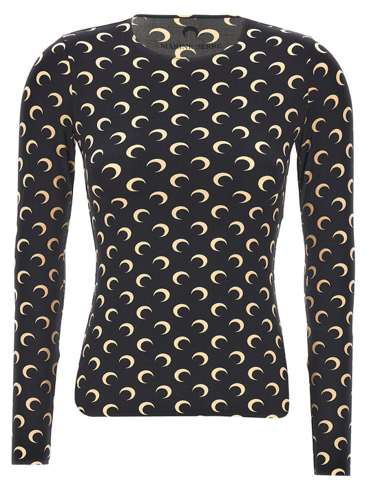 T-Shirt by Marine Serre for women in stretch polyamide black showcases a dramatic silhouette, elegantly detailed with a dramatic crew neckline and long-sleeve for a truly dramatic finish.