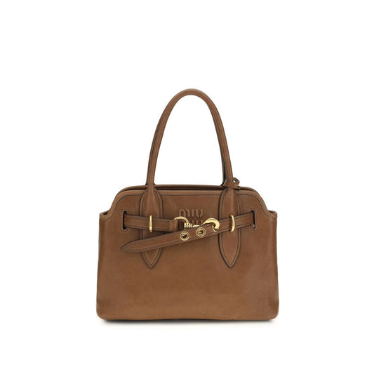 Handbag by Miu Miu for women in leather & cotton brown & gold presents a ornamental silhouette, showcasing a secure , ample , and versatile handle for a ornamental finish.
