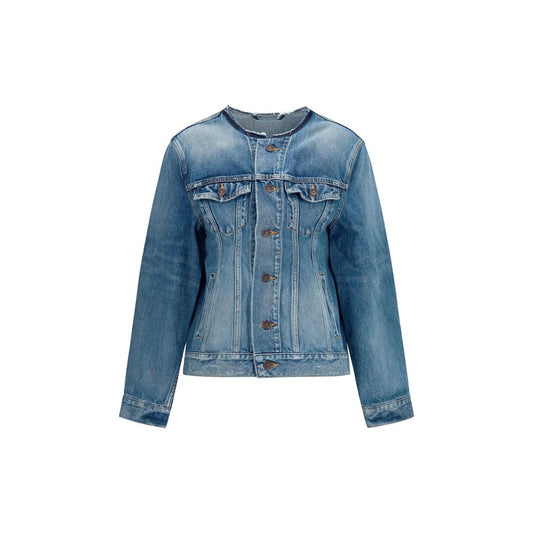 This Trucker Jacket by Balenciaga for women in denim leather & merino wool blue & gray exhibits a edgy silhouette, meticulously detailed with functional pockets and a edgy for a edgy finish.