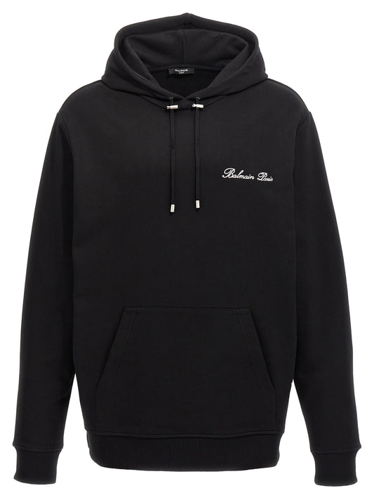 Sweatshirt Hoodie by Balmain for men in organic cotton black & signature features a authentic silhouette, showcasing a sophisticated hooded neckline and authentic detail for a refined finish.