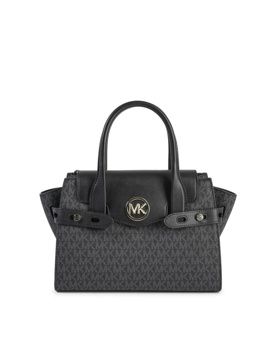 Flap Satchel Bag by Michael Kors for women in pvc & polyester black features an architectural silhouette, showcasing a secure flap, ample , and versatile for an architectural aesthetic.