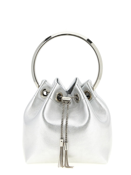 Bucket Handbag by Jimmy Choo for women in leather & brass silver features a ornamental silhouette, showcasing a secure drawstring, ample , and ornamental shoulder-strap & handle for a sophisticated look.