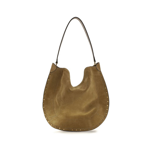 Shoulder Bag by Isabel Marant for women in bio-acetate brown & gold showcases a statuesque silhouette, artfully detailed with a secure magnetic & button, organized , and versatile shoulder-strap for a statuesque look.