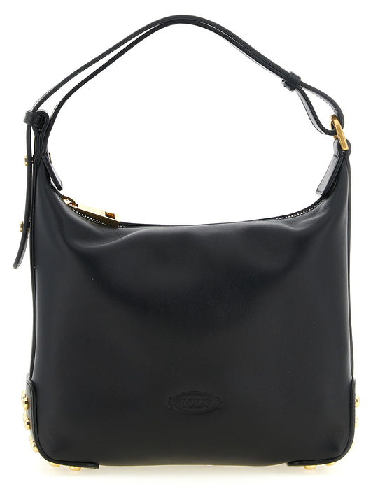 Mini Shoulder Hobo Bag by Tod's for women in bos taurus calfskin leather black, gold & signature features a distinguished silhouette, showcasing a secure zipper and distinguished with versatile shoulder-strap, adjustable-strap & handle for a distinguished finish.