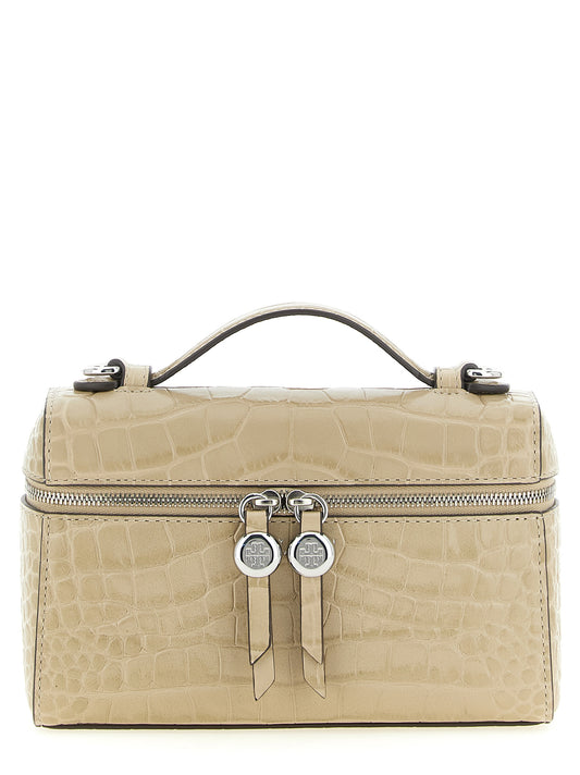 Shoulder Bag by Tory Burch for women in crocodile skin leather beige, silver, signature-print & print showcases a enviable silhouette, artfully detailed with a secure zipper, organized , and versatile shoulder-strap & detachable-strap for a enviable look.