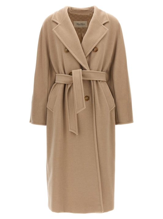 Overcoat by Max Mara for women in virgin cashmere wool beige, horn, jacquard & monogram showcases a architectural silhouette, artfully detailed with a distinctive and functional for a architectural finish.