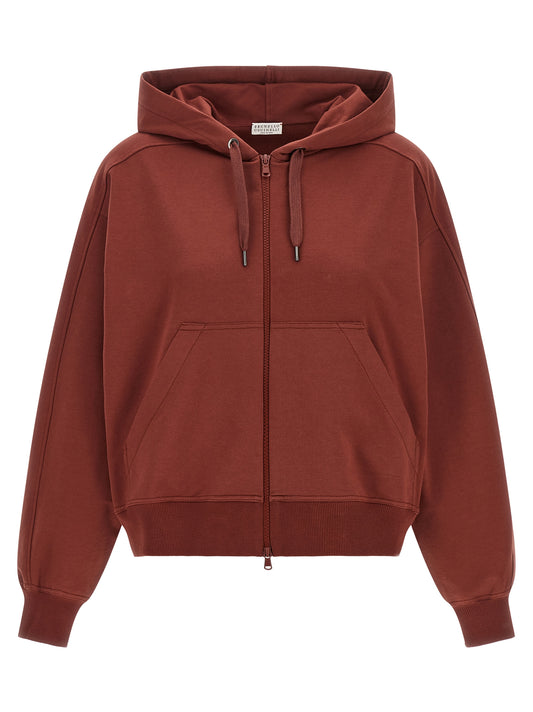 Sweatshirt Hoodie by Brunello Cucinelli for women in stretch cotton bordeaux features an dramatic silhouette, showcasing a sophisticated hooded neckline and dramatic for a refined, modern aesthetic.