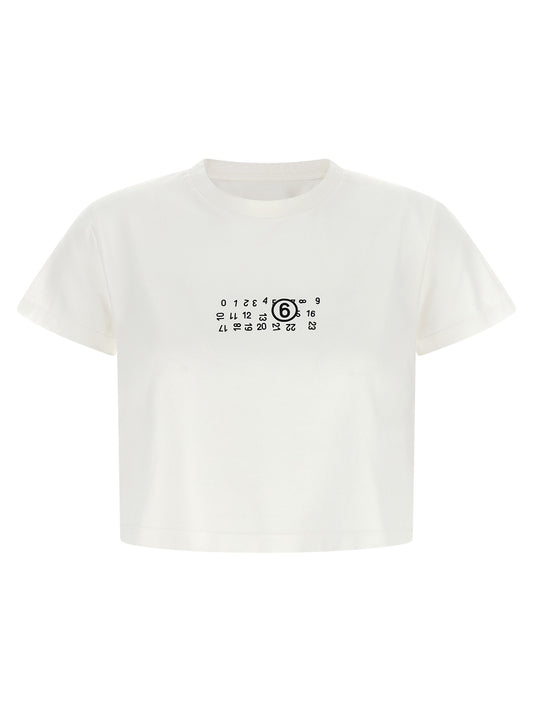 T-Shirt by MM6 Maison Margiela for women in cotton white, signature & print showcases a unassuming silhouette, artfully detailed with a refined and unassuming for a sophisticated, contemporary look.