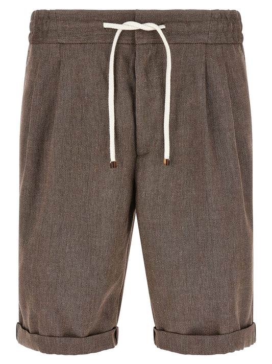 Bermuda Shorts by Brunello Cucinelli for men in linen & virgin wool brown & chevron presents a sleek silhouette, featuring a sleek relaxed-fit with a refined short and a sophisticated .