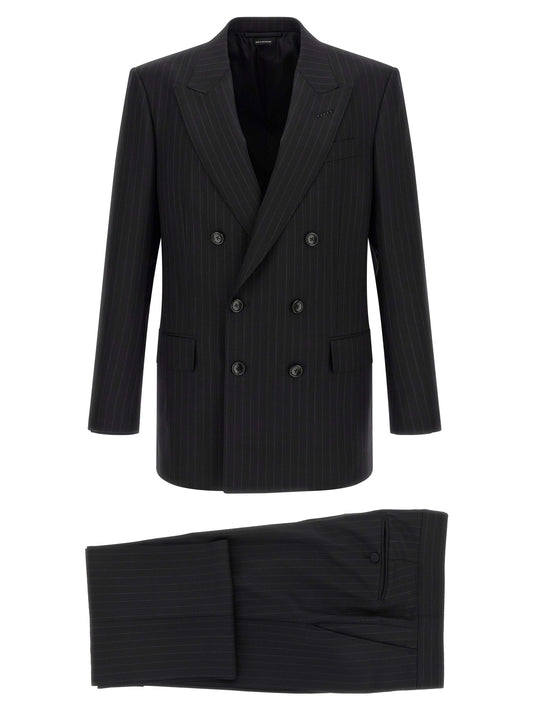 Pant Suit by Tom Ford for men in wool black, pinstripe & striped presents a nuanced silhouette, showcasing a nuanced and nuanced straight-leg for an elevated aesthetic.