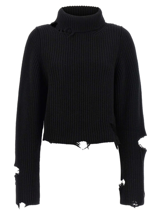 Cardigan by Haikure for women in merino wool black features a dramatic silhouette, showcasing a sophisticated turtle high-neck neckline and dramatic detail for a timeless, premium look.