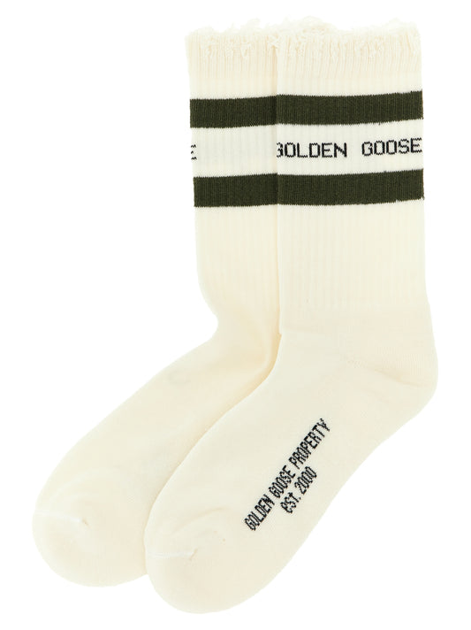 Socks by Golden Goose for women in stretch polyamide cotton bicolour, cream, green & signature features an utilitarian chic finish from the Women's Stretch Polyamide Cotton Socks collection, offering an utilitarian chic fit that ensures sophisticated comfort.