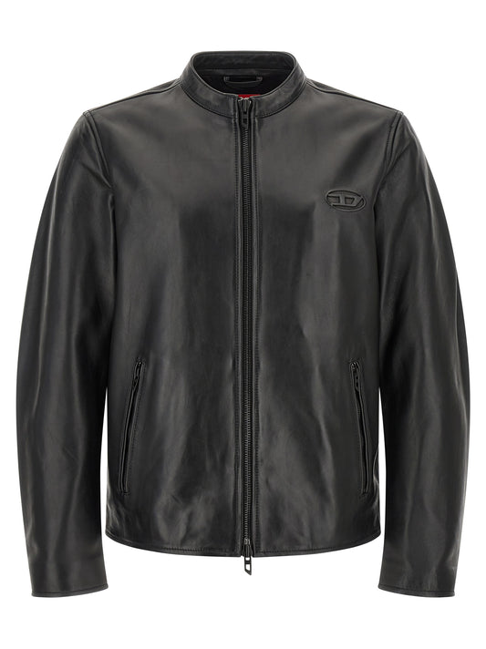Jacket by Diesel for men in lamb leather black & signature features an utilitarian silhouette with a refined , showcasing sophisticated pockets for an utilitarian aesthetic.