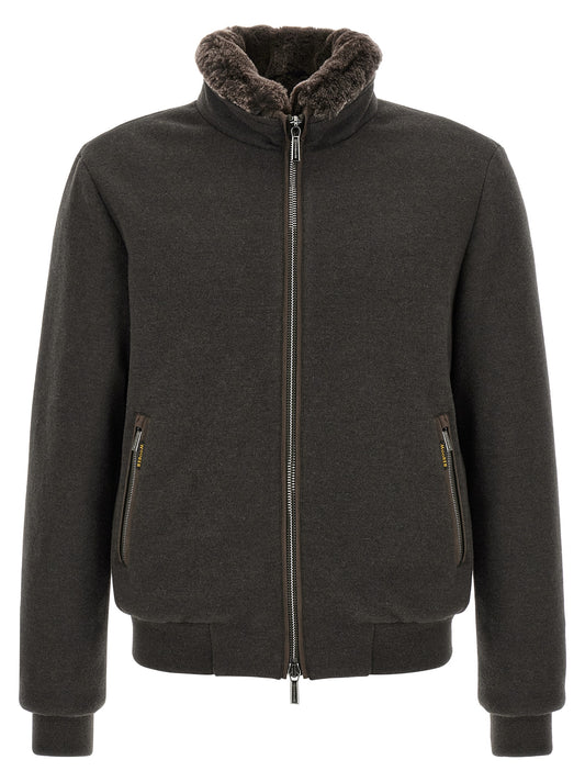 This Bomber Jacket by MooRER for men in goose-down & cashmere brown exhibits a edgy silhouette, meticulously detailed with functional thermal & insulated and a edgy for a edgy finish.