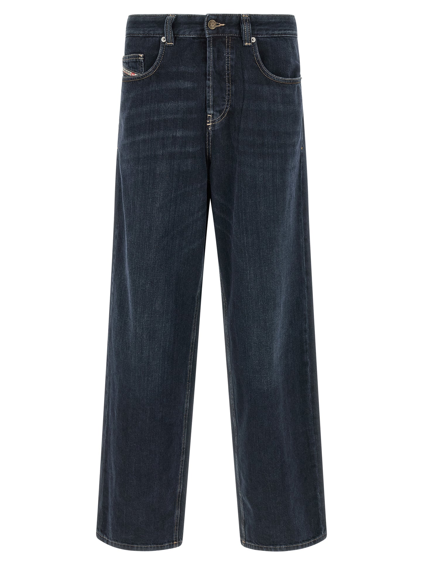 Jeans by Diesel for men in denim cotton dark-blue & signature presents a tailored silhouette, showcasing a tailored straight-leg, relaxed-fit & wide and long cut with a refined for a truly tailored aesthetic.