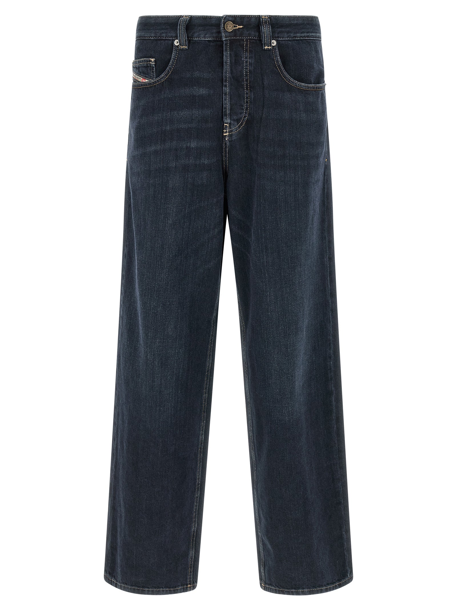 Jeans by Diesel for men in denim cotton dark-blue & signature presents a tailored silhouette, showcasing a tailored straight-leg, relaxed-fit & wide and long cut with a refined for a truly tailored aesthetic.