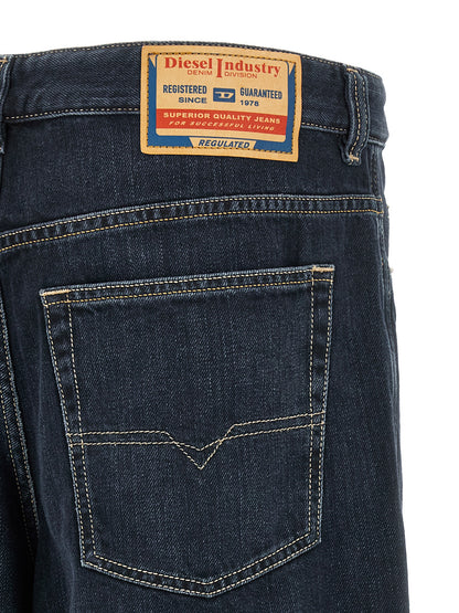 Jeans by Diesel for men in denim cotton dark-blue & signature presents a refined pantology silhouette, artfully defined by a refined pantology straight-leg, relaxed-fit & wide, long, and a sophisticated .