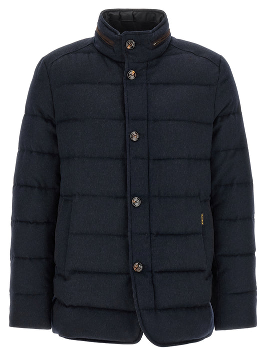 Hooded Puffer Jacket by MooRER for men in cashmere blue, horn & signature showcases a bohemian silhouette, artfully detailed with a bohemian hooded neckline and signature pockets, hooded & insulated for a truly bohemian finish.