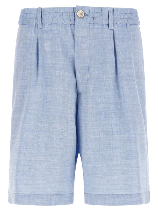 Bermuda Shorts by Brunello Cucinelli for men in linen & virgin wool light-blue & chevron presents a sleek silhouette, featuring a sleek relaxed-fit with a refined short and a sophisticated .